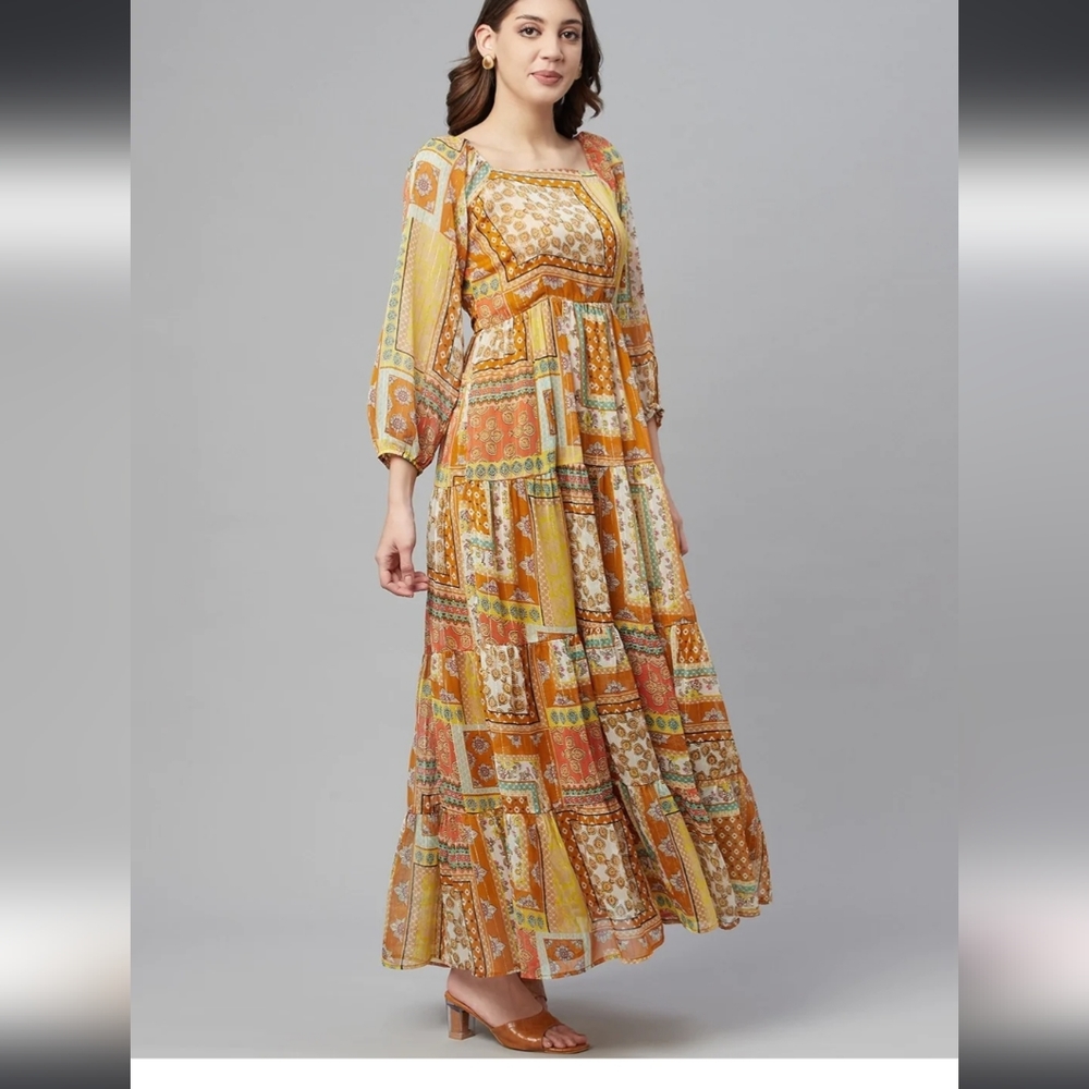 Cottinfab Women Mustard Yellow Ethnic Printed A-Line Maxi Dress - Picture 3 of 7